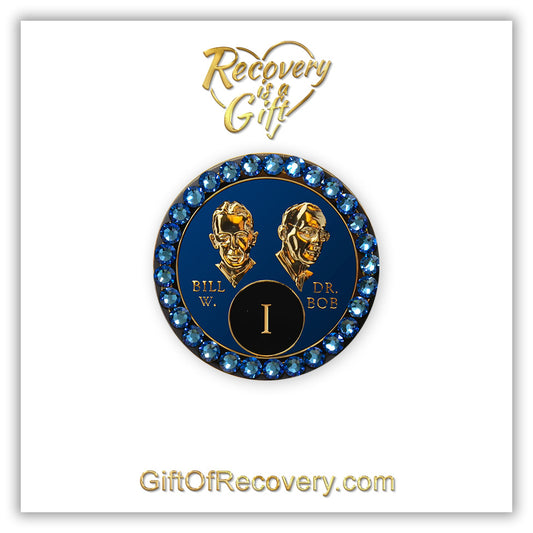 AA Recovery Medallion - Crystallized Blue Sapphire Bling Bill & Bob
