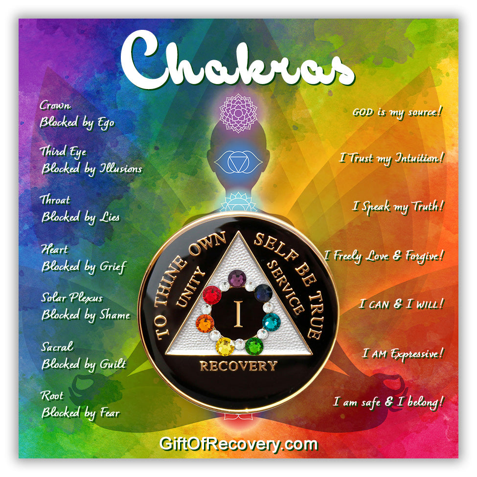 1 year black onyx AA medallion with 14 genuine crystals that form a circle around the roman numeral, seven of the crystals are different colors, each color representing a chakra the other 7 are smaller clear crystals, triangle is silver, and to thine own self be true, unity, service, recovery are embossed with 14k gold plated brass as well as the triangle, rim, and roman numeral, the medallion is sealed with resin for a glossy finish,