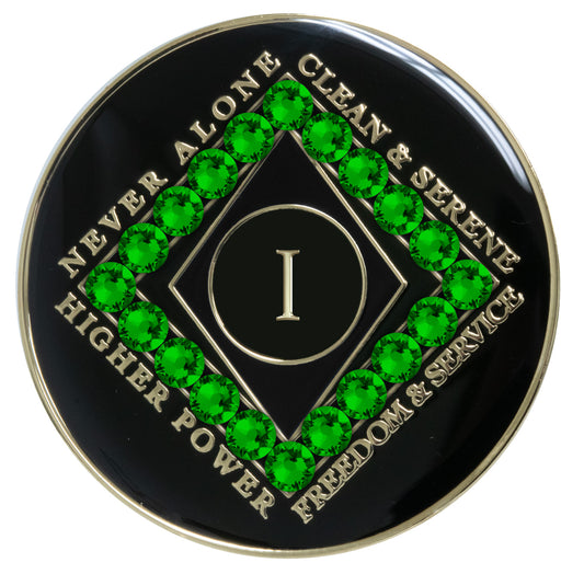 1 year black Onyx Clean time recovery medallion with a diamond shape within a diamond shape for a 3D effect, 20 Fern green CZ genuine crystals form the outer diamond shape, never alone, clean & serene, Higher Power, freedom & service in 14k gold-plated brass, sealed with resin for a glossy finish that will last and is scratch proof.