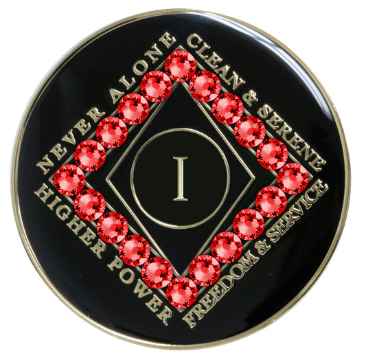 1 year black Onyx Clean time recovery medallion with a diamond shape within a diamond shape for a 3D effect, 20 red Siam CZ genuine crystals form the outer diamond shape, never alone, clean & serene, Higher Power, freedom & service in 14k gold-plated brass, sealed with resin for a glossy finish that will last and is scratch proof.