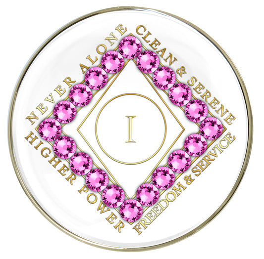 White Clean Time Recovery Medallion with Light Rose Pink Crystals