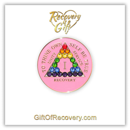AA Recovery Medallion - Rainbow Crystallized on Pink