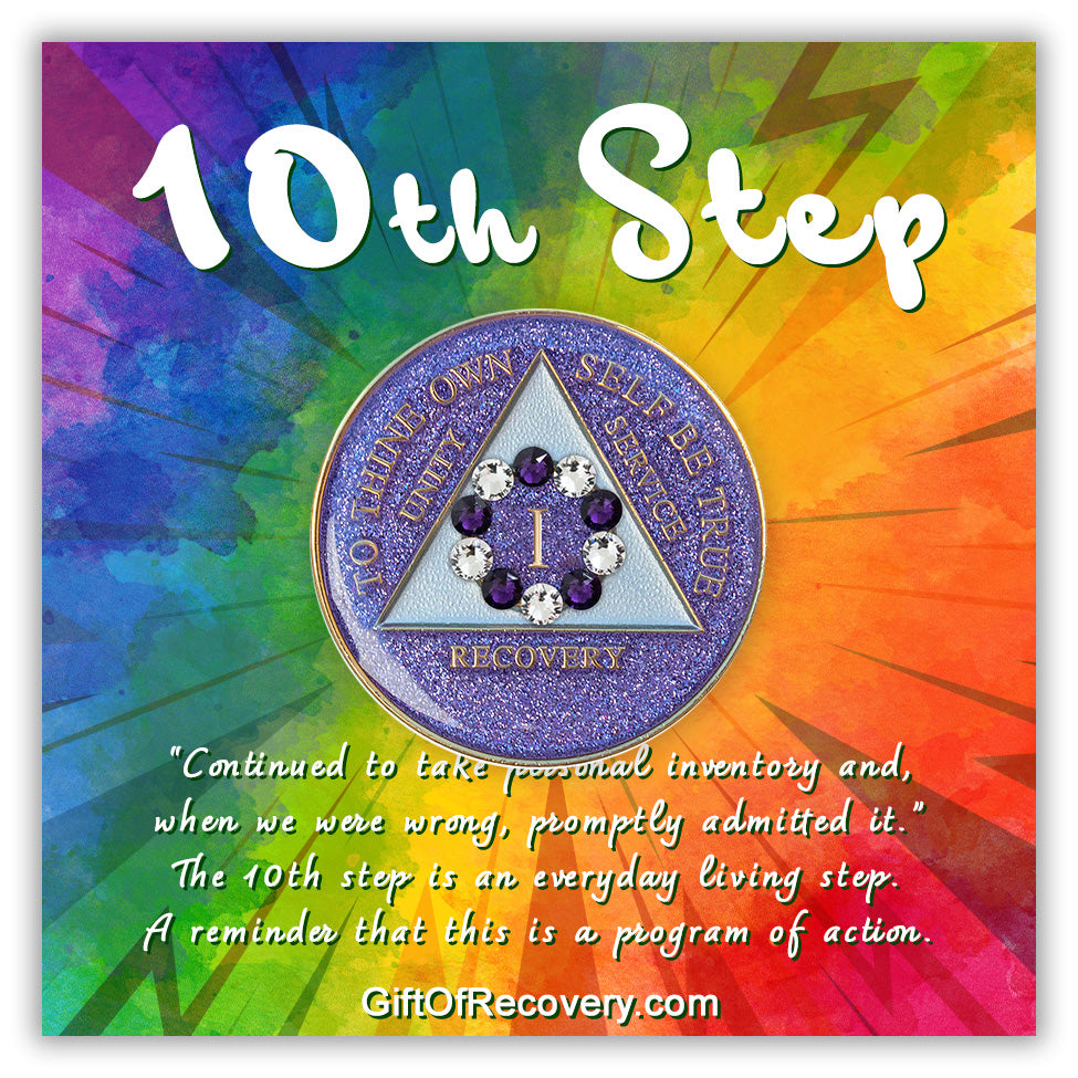 1 year AA medallion Amethyst purple glitter set in a circle around the roman numeral are 6 purple crystal and 6 CZ diamond, ten genuine crystal that represent the 10th step of AA, the triangle is pearl white and the AA moto is embossed with 14k gold-plated brass, sealed with resin for a shiny finish, featured on a tie-dye 3x3 card a paragraph about the 10th step of action in the program.