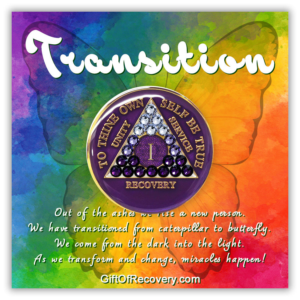 1 year Amethyst purple AA medallion with 21 genuine crystals ranging from light to dark for symbolism of transition, the triangle, circle, roman numeral, unity, recovery, service, and to thine own self be true, are embossed with 14k gold, the recovery medallion is sealed with resin for a glossy finish. The medallion is set on a bold tie-dye colored 3x3 card with a butterfly outline in the background, transition and the paragraph of transformation on written in white letters.