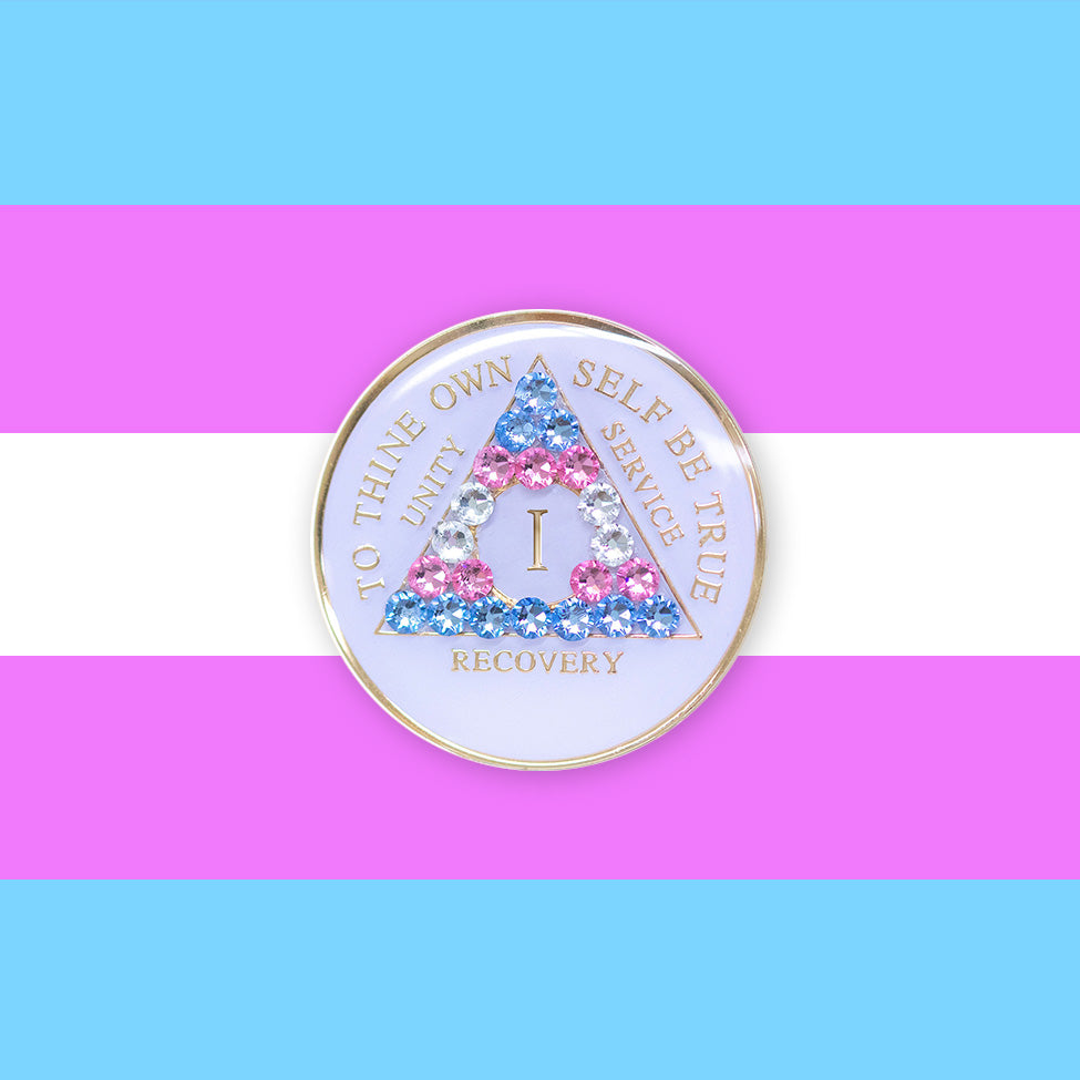 AA Recovery Medallion - Transgender Flag Bling Crystallized on White