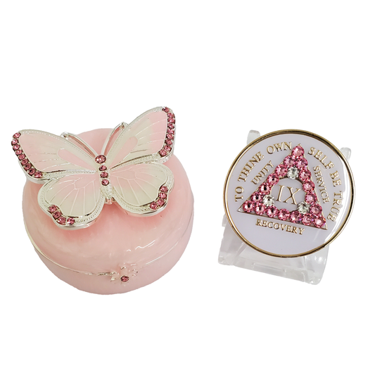 Pink Butterfly Collector Bling Box/Sobriety Chip Holder (with Chip)