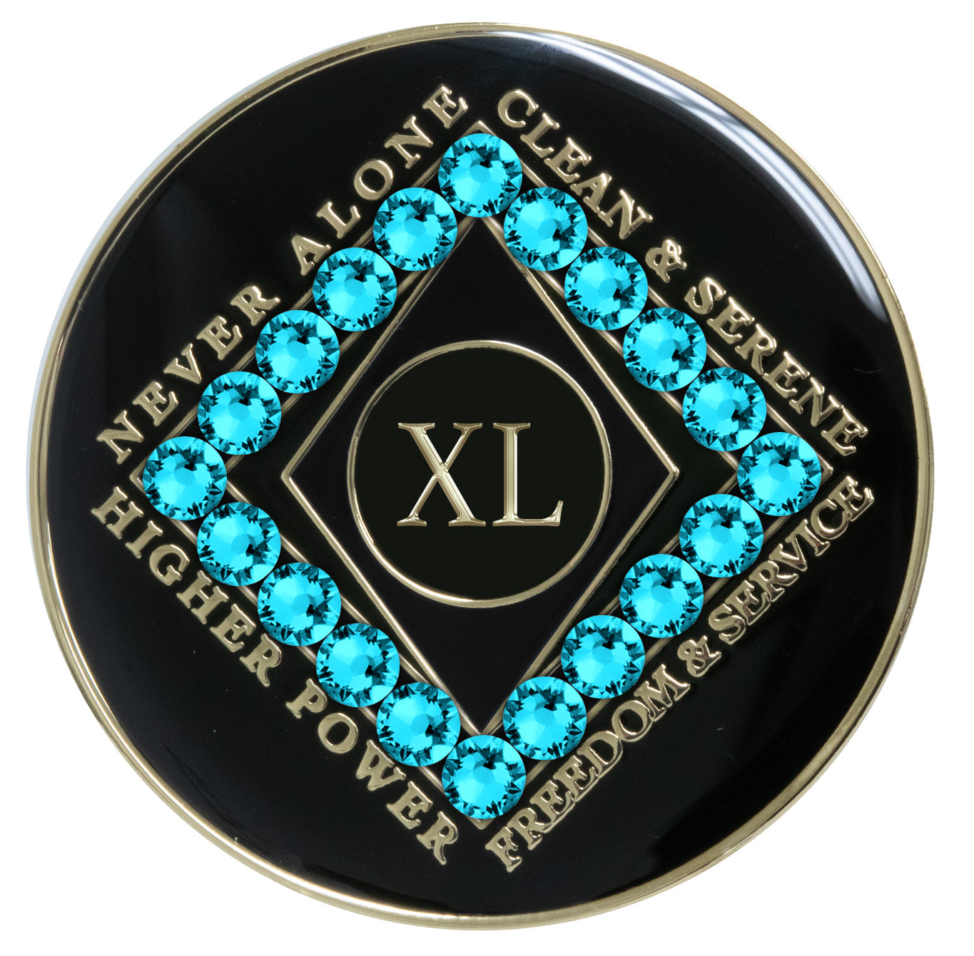 40 year black Onyx Clean time recovery medallion with a diamond shape within a diamond shape for a 3D effect, 20 Aqua Zircon CZ genuine crystals form the outer diamond shape, never alone, clean & serene, Higher Power, freedom & service in 14k gold-plated brass, sealed with resin for a glossy finish that will last and is scratch proof.