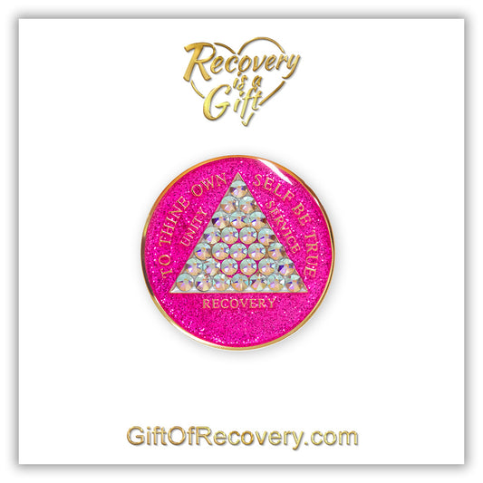 AA Recovery Medallion - Timeless Bling Crystalized on Pink Glitter