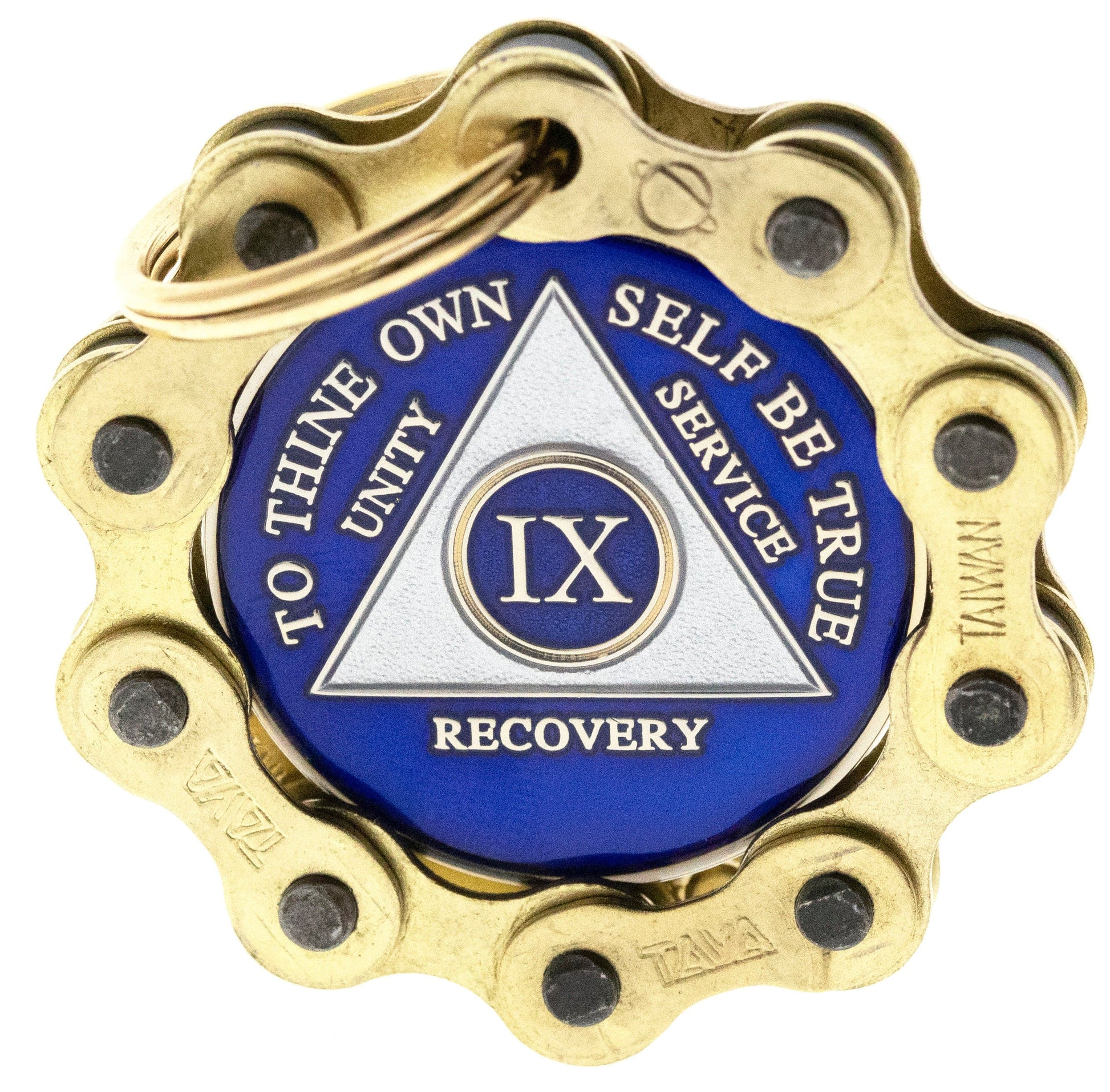 Gold Bike Chain recovery medallion Holder with gold key ring, featured with the Big Book blue AA recovery medallion.