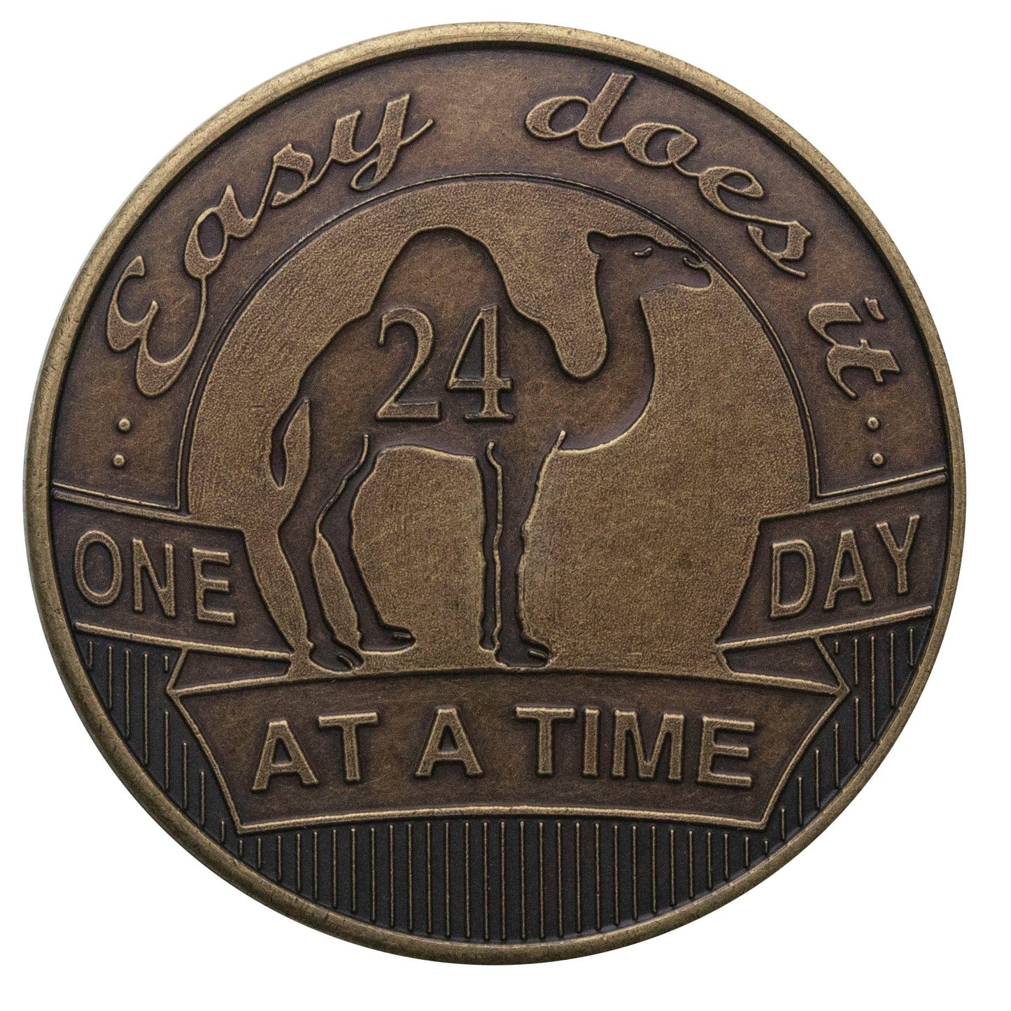 AA recovery medallion in bronze, with a camel in the center and the number 24 in the camel, easy does it at the top and one day at a time in ribbon form underneath the camel.