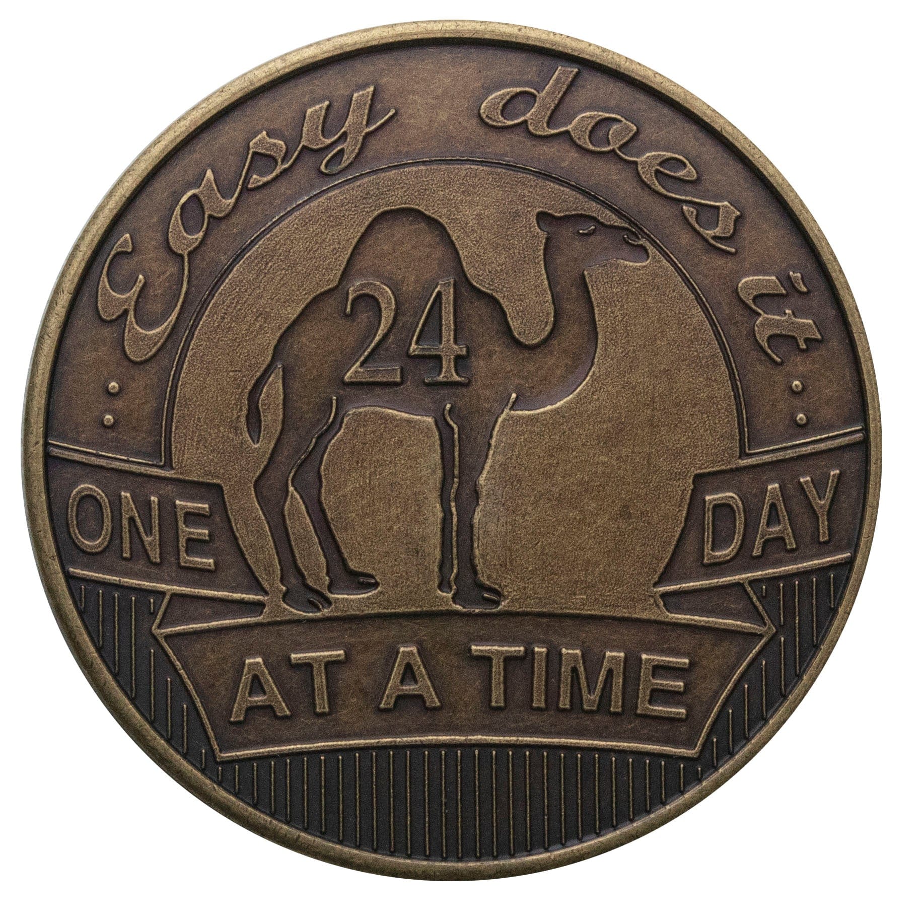 AA recovery medallion in bronze, with a camel in the center and the number 24 in the camel, easy does it at the top and one day at a time in ribbon form underneath the camel.