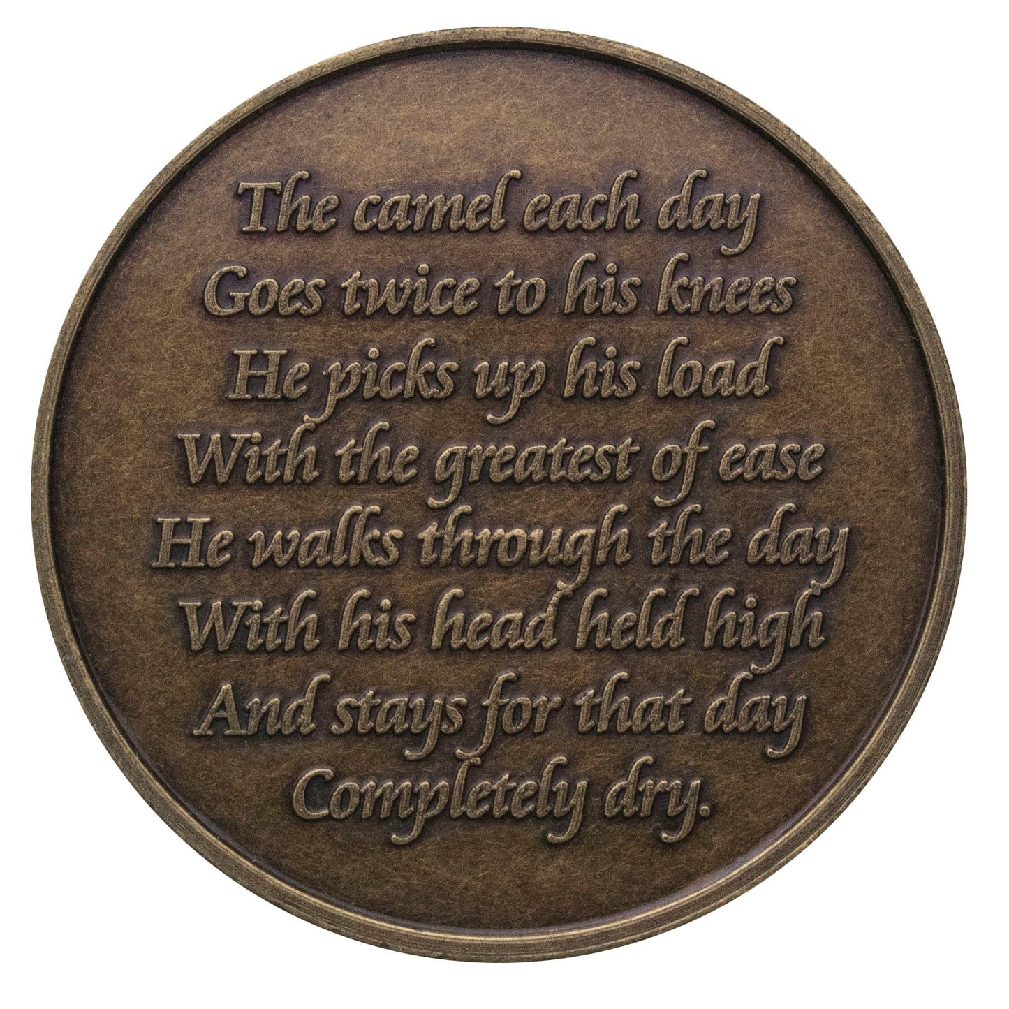 Back of Camel Bronze recovery medallion with the camel story.