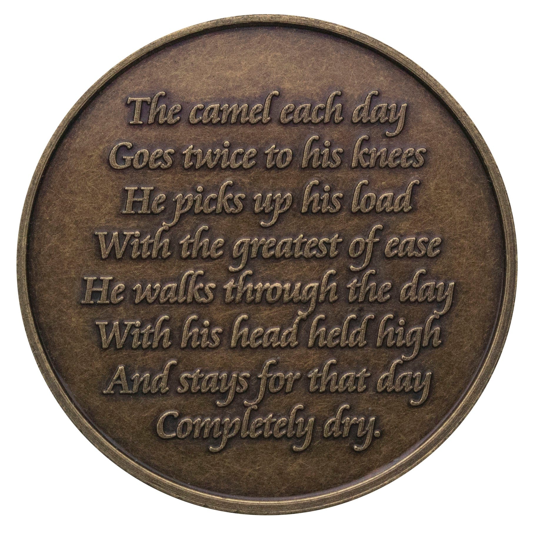 Back of Camel Bronze recovery medallion with the camel story.