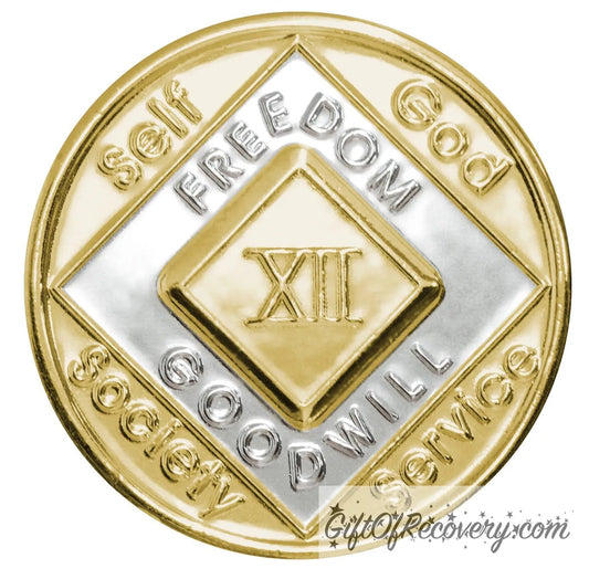12 year Bi-plated NA medallion with self, God, Society, and Service around the outer rim of the diamond, freedom and goodwill on the inside of the diamond.