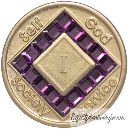 1 year bronze NA medallion with self, God, Society, and Service around the outer rim of the diamond, 16 diamond shaped CZ genuine Amethyst purple crystals, that form the diamond around the roman numeral.
