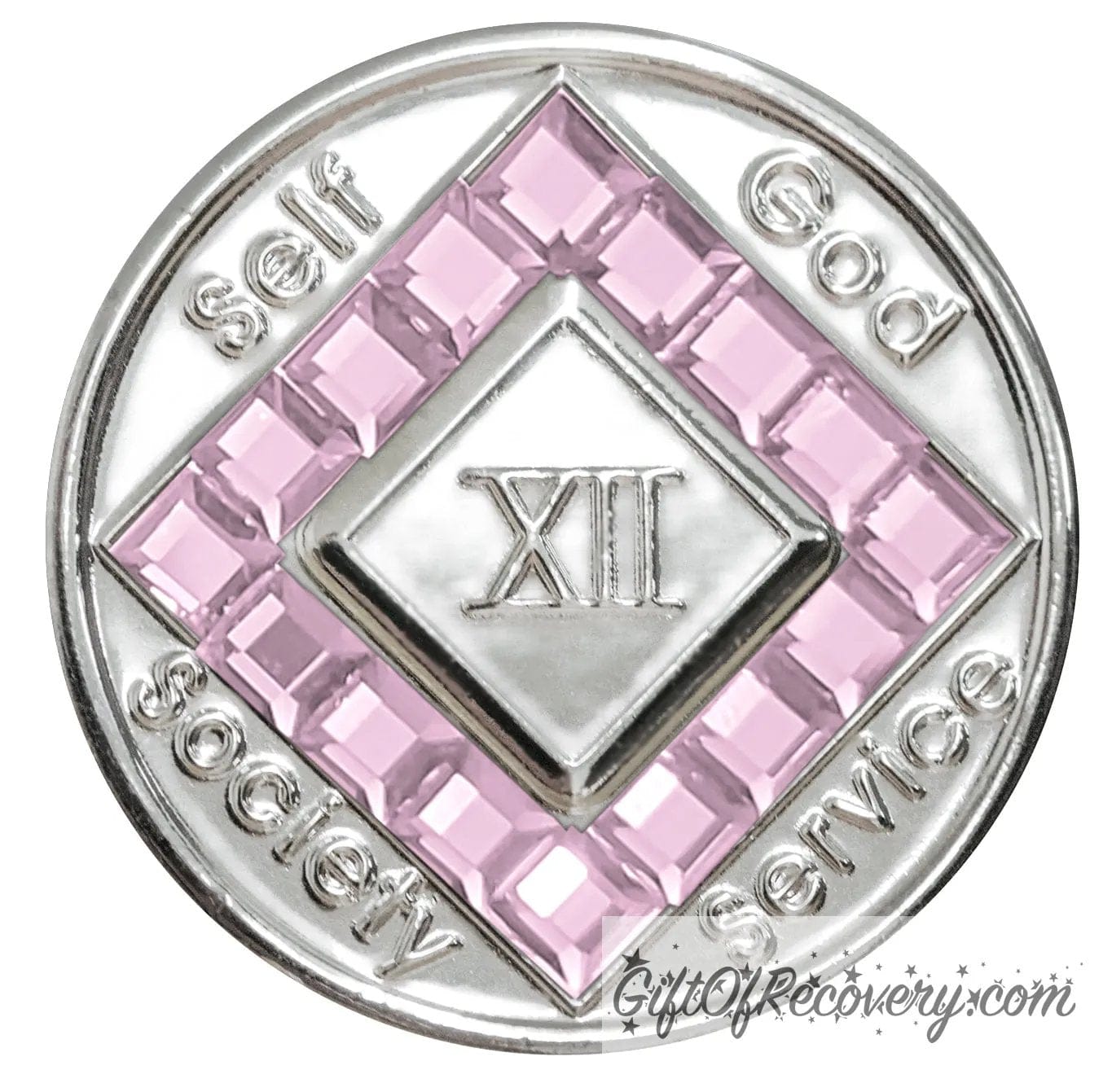 12 year nickel plated NA medallion with self, God, Society, and Service around the outer rim of the diamond, 16 square light rose CZ genuine crystals that form the diamond around the roman numeral.