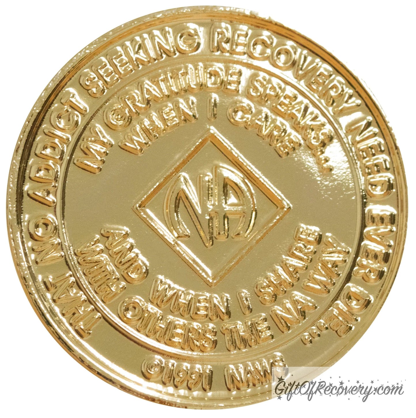 Back of NA gold plated crystalized aquamarine medallion has the NAWS official slogans and motto.