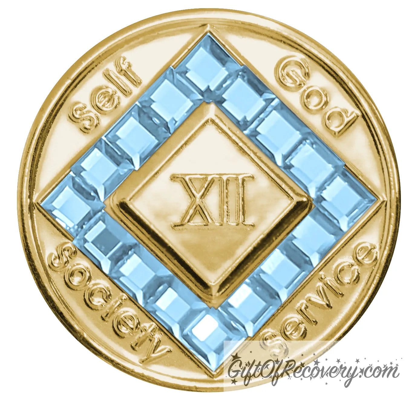 12 year gold plated NA medallion with self, God, Society, and Service around the outer rim of the diamond, 16 square aquamarine CZ genuine crystals that form the diamond around the roman numeral.