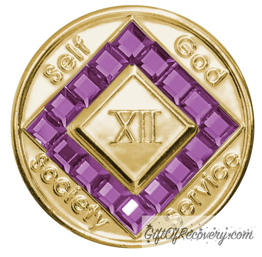 12 year gold plated NA medallion with self, God, Society, and Service around the outer rim of the diamond, 16 square Amethyst purple CZ genuine crystals that form the diamond around the roman numeral.