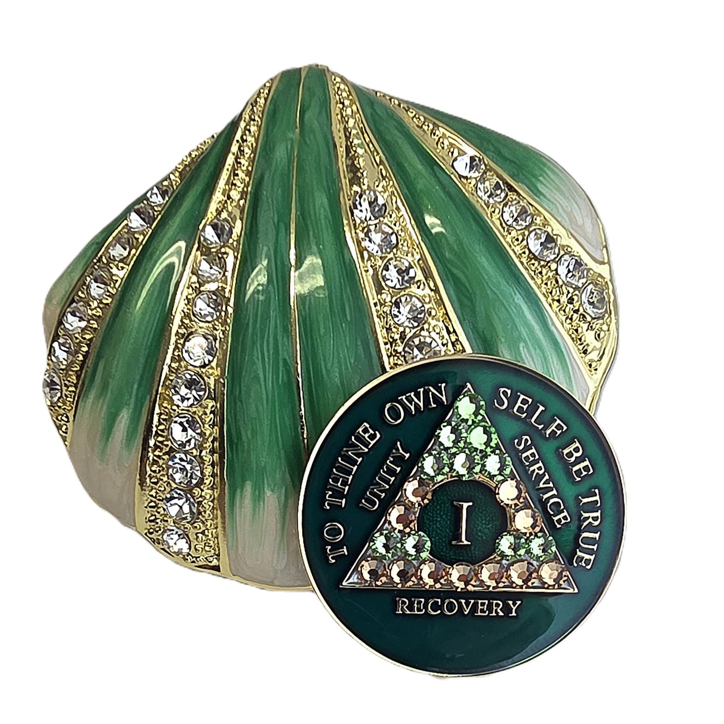 Green Clam Shell Chip Holder with Matching Green Crystalized Chip