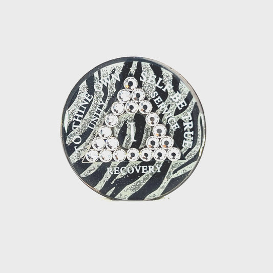 AA Recovery Medallion - Diamond Bling Crystallized on Glitter Zebra Pattern
