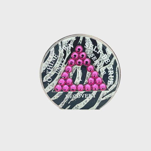 AA Recovery Medallion - Fuchsia Bling Crystallized on Glitter Zebra Pattern