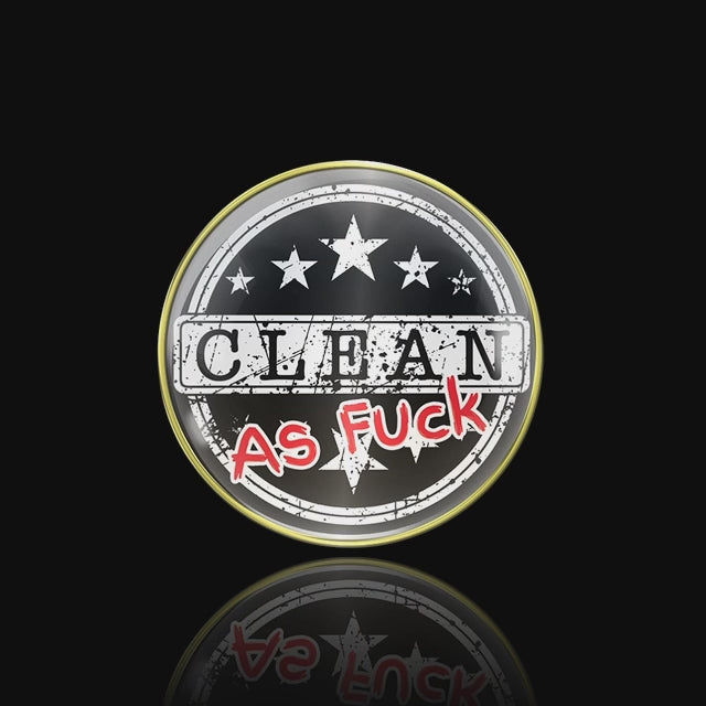 Clean as fuck NA medallion with Clean in black on a white rectangle strip, and the as fuck in bold red, there are 10 white stars, 5 above clean and 5 below, there are 2 white circles near the 14k rim for outline, set in a black spinning background to depict the recovery medallion more accurately.