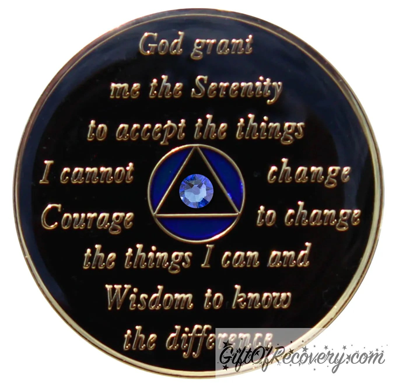Back of AA Medallion Big Book Blue, recovery medallion is black and has the raised serenity prayer, outer rim, and the circle triangle in the center in 14k gold, inside the black triangle is 1 blue genuine crystal, with blue accents in the circle.