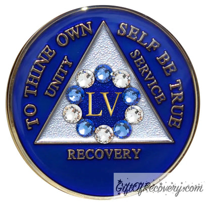 55 Year Big Book Blue AA medallion with 5 blue genuine crystals and 5 clear genuine crystal, making a circle around the 55 year, the recovery medallion has raised lettering to thine own self be true, and the outer rim of the medallion in 14k gold, inside the triangle is white and blue, emphasizing action and reflection.