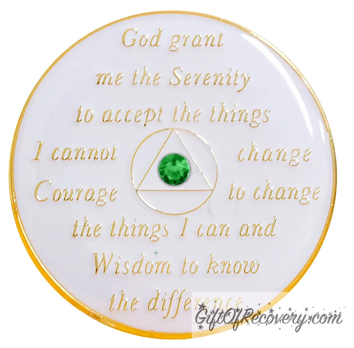 Back of AA pearl white recovery medallion is pearl white and has the serenity prayer, outer rim, and the circle triangle in the center embossed with 14k gold-plated brass, the circle and triangle is white with one single green genuine crystal in the center of the triangle, the recovery medallion is sealed with resin for a shiny finish. 