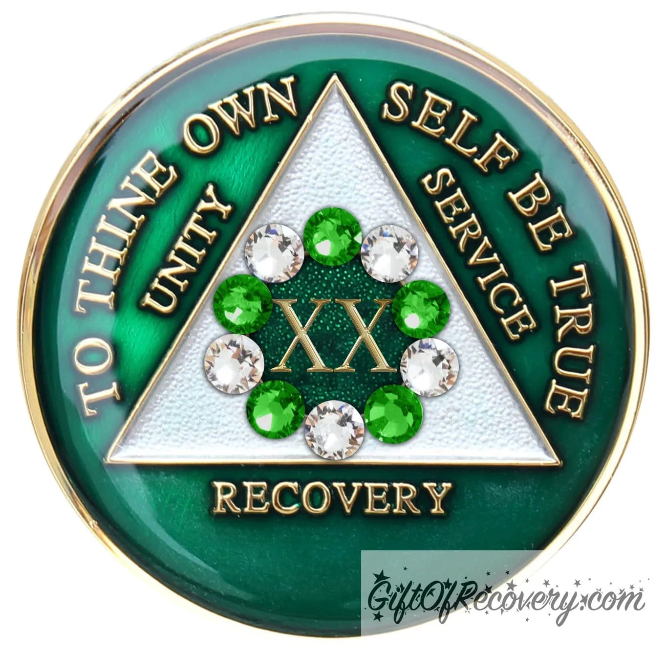 20 year emerald green AA medallion with the 10th step in emphasis in the center, 5 emerald green genuine crystals and 5 clear genuine crystals, inside the triangle is pearl white, while the circle is sparkle green. To thine own self be true, unity, service, recovery, and the roman numeral 1, are 14k gold and sealed with resin for a glossy finish.