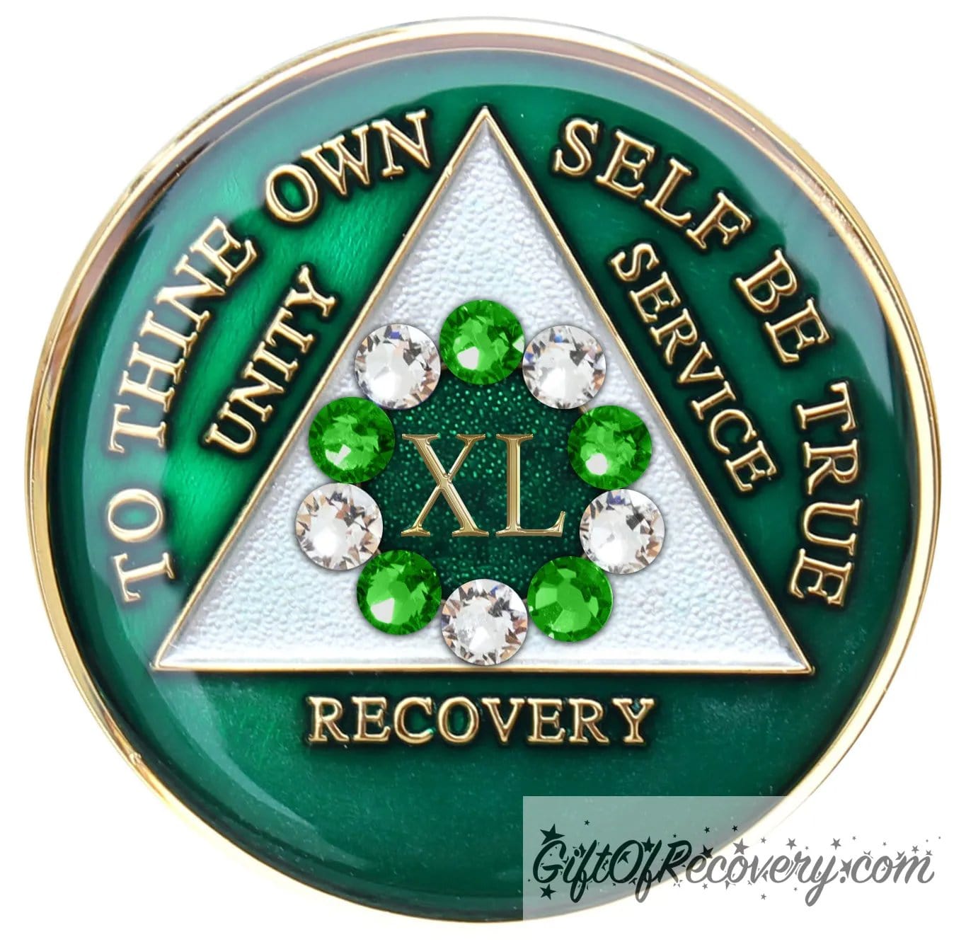 40 year emerald green AA medallion with the 10th step in emphasis in the center, 5 emerald green genuine crystals and 5 clear genuine crystals, inside the triangle is pearl white, while the circle is sparkle green. To thine own self be true, unity, service, recovery, and the roman numeral 1, are 14k gold and sealed with resin for a glossy finish.
