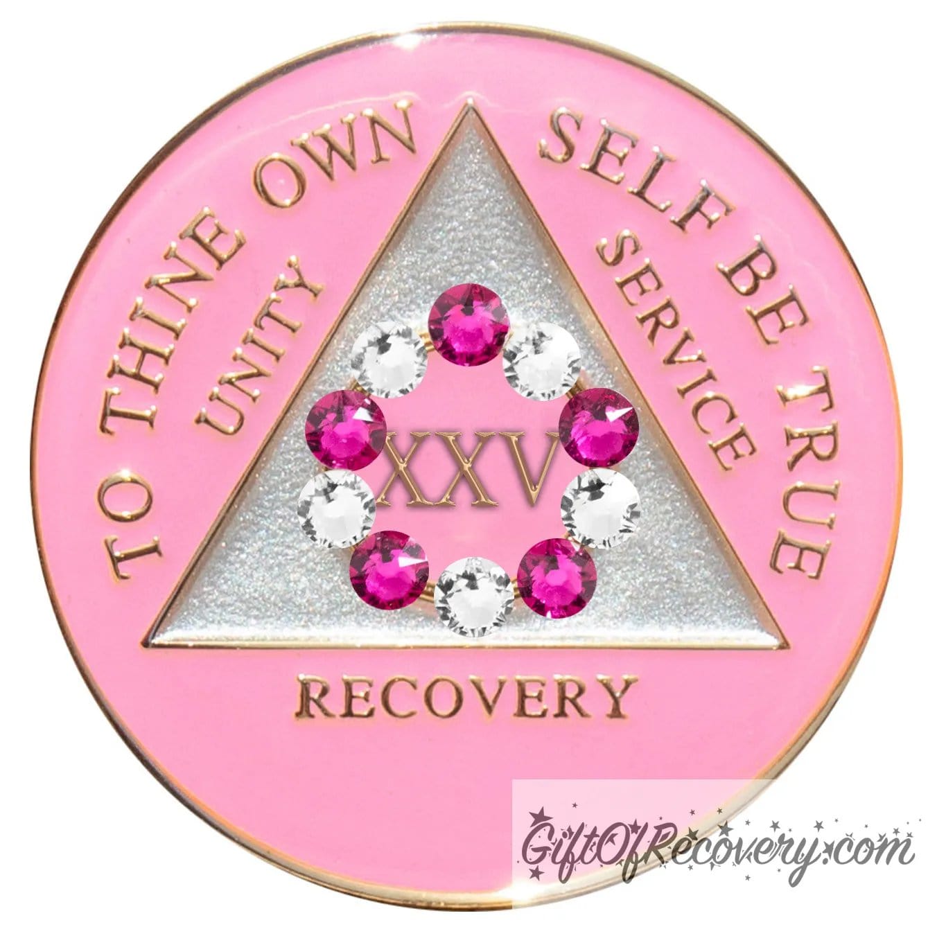 25 year princess pink AA medallion with a pearl white triangle center and pink circle, surrounding the roman numeral 25 are 10 genuine crystals, 5 dark pink and 5 clear, perfect for your favorite sober princess, to thine own self be true, unity, service, recovery, the rim of the medallion, the raised triangle outline, and the roman numeral year, are in 14k gold, sealed with resin for a glossy finish.