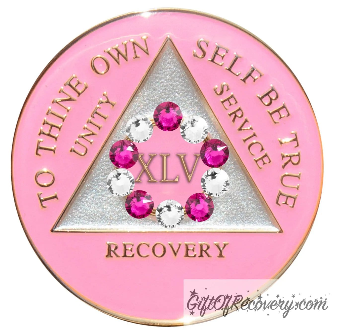 45 year princess pink AA medallion with a pearl white triangle center and pink circle, surrounding the roman numeral 45 are 10 genuine crystals, 5 dark pink and 5 clear, perfect for your favorite sober princess, to thine own self be true, unity, service, recovery, the rim of the medallion, the raised triangle outline, and the roman numeral year, are in 14k gold, sealed with resin for a glossy finish.