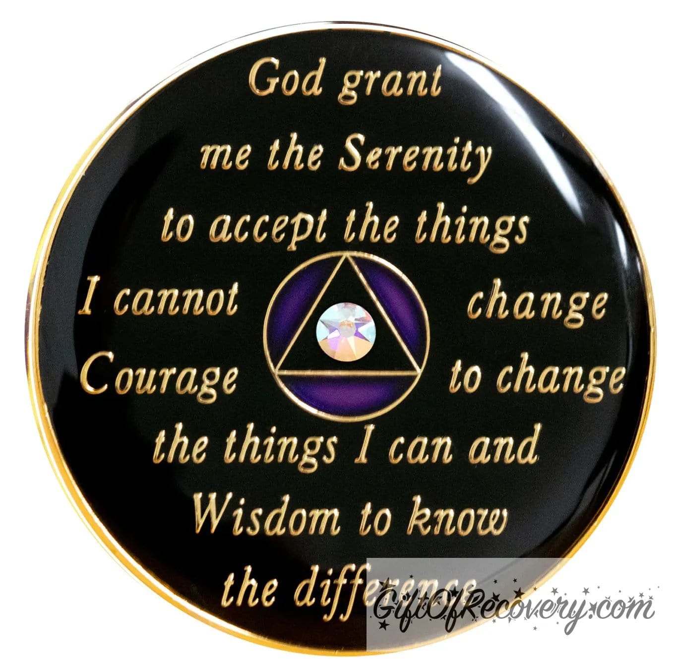 Back of purple amethyst AB crystalized AA recovery medallion is black onyx and has the serenity prayer, outer rim, and the circle triangle in the center 14k gold-plated brass, the circle is amethyst purple and triangle is black with one single purple CZ genuine crystal in the center of the triangle, the recovery medallion is sealed with resin for a shiny finish.