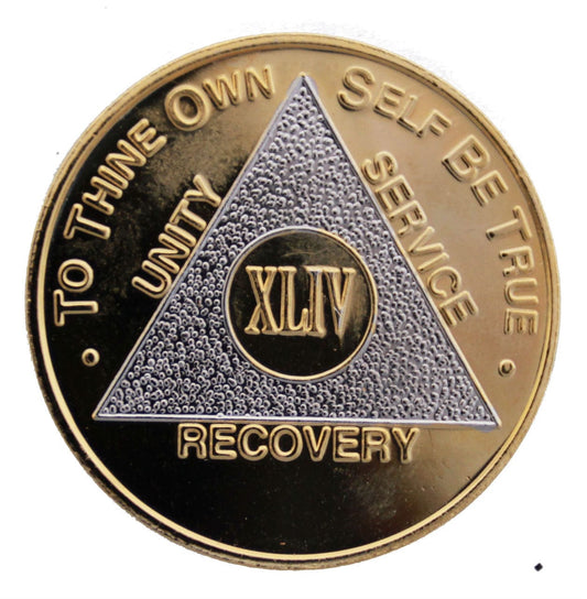 44 year AA medallion Bi-plate with to thine own self be true, unity, service, recovery, triangle is silver.