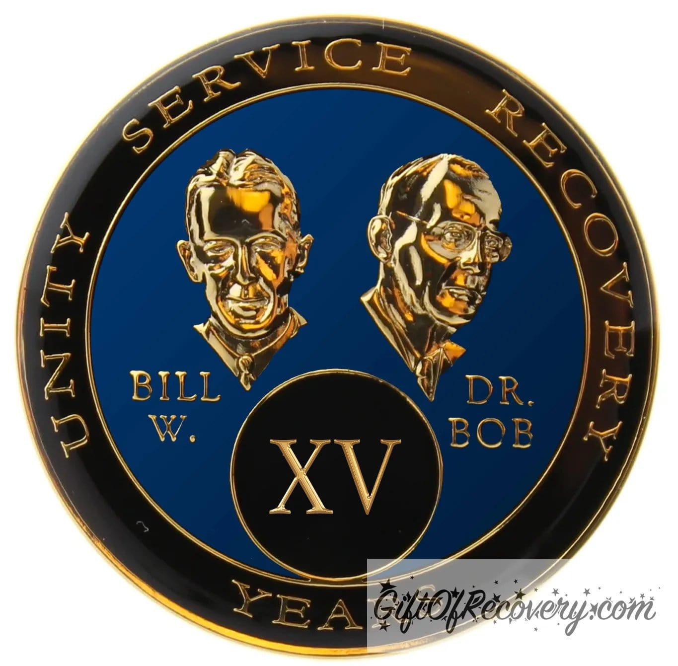15 year AA Bill & Bob Big Book blue recovery medallion, black around the rim with Unity, Service and recovery embossed 14k gold-plated brass, this medallion is to honor our founders and our time, stylized busts of Bill W. and Dr. Bob, with their names, are embossed 14k gold-plated brass, the medallion is sealed with resin for a glossy finish.