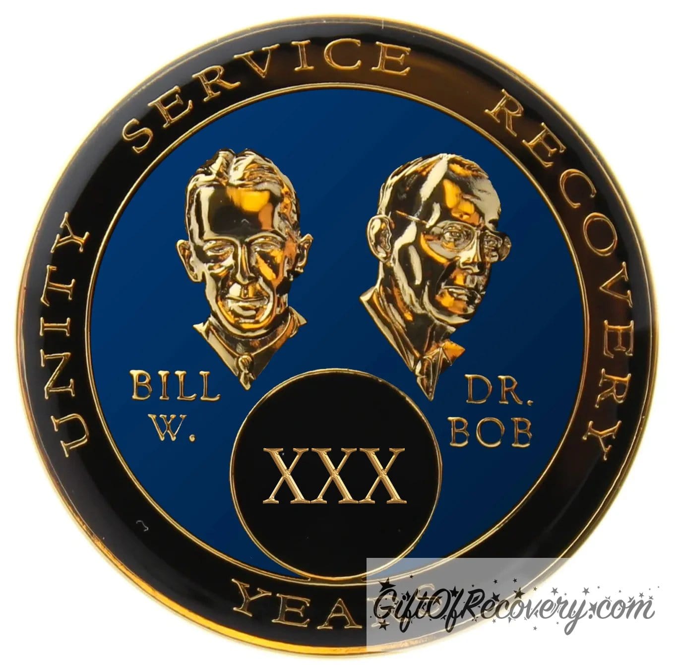 30 year AA Bill & Bob Big Book blue recovery medallion, black around the rim with Unity, Service and recovery embossed 14k gold-plated brass, this medallion is to honor our founders and our time, stylized busts of Bill W. and Dr. Bob, with their names, are embossed 14k gold-plated brass, the medallion is sealed with resin for a glossy finish that will last and is scratch proof.
