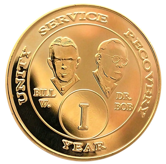 Sobriety Chip AA Bill & Bob Gold Plate with Serenity Prayer