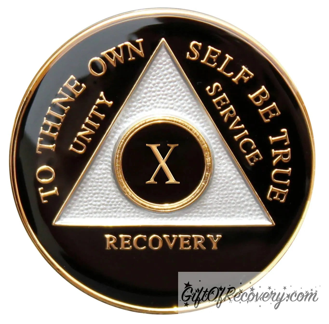 10 year AA medallion Black Onyx, triangle is pearl white, to thine own self be true, unity, service, recovery, and roman numeral are embossed with 14k gold-plated brass, the recovery medallion is sealed with resin for a glossy finish that will last and is scratch free.