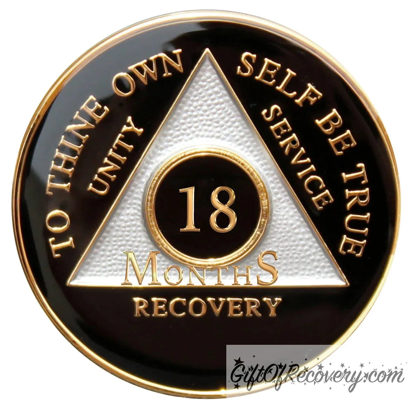 18 months AA medallion Black Onyx, triangle is pearl white, to thine own self be true, unity, service, recovery, and roman numeral are embossed with 14k gold-plated brass, the recovery medallion is sealed with resin for a glossy finish that will last and is scratch free.