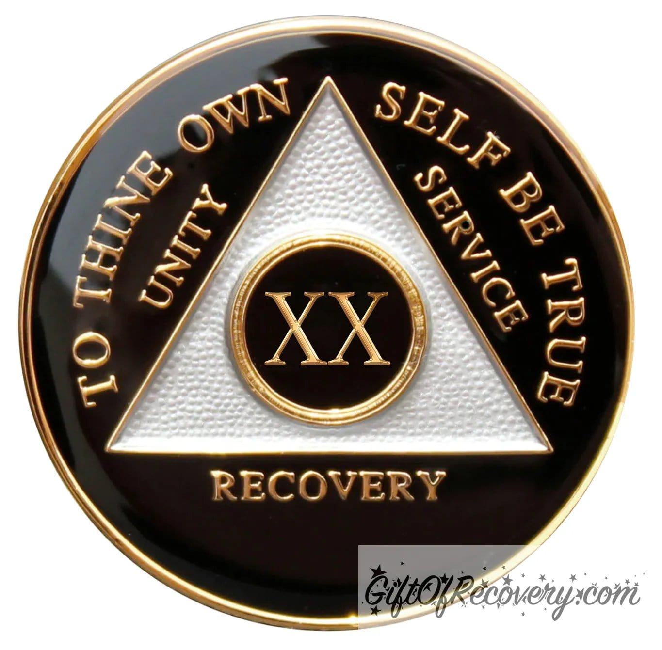 20 year AA medallion Black Onyx, triangle is pearl white, to thine own self be true, unity, service, recovery, and roman numeral are embossed with 14k gold-plated brass, the recovery medallion is sealed with resin for a glossy finish that will last and is scratch free.
