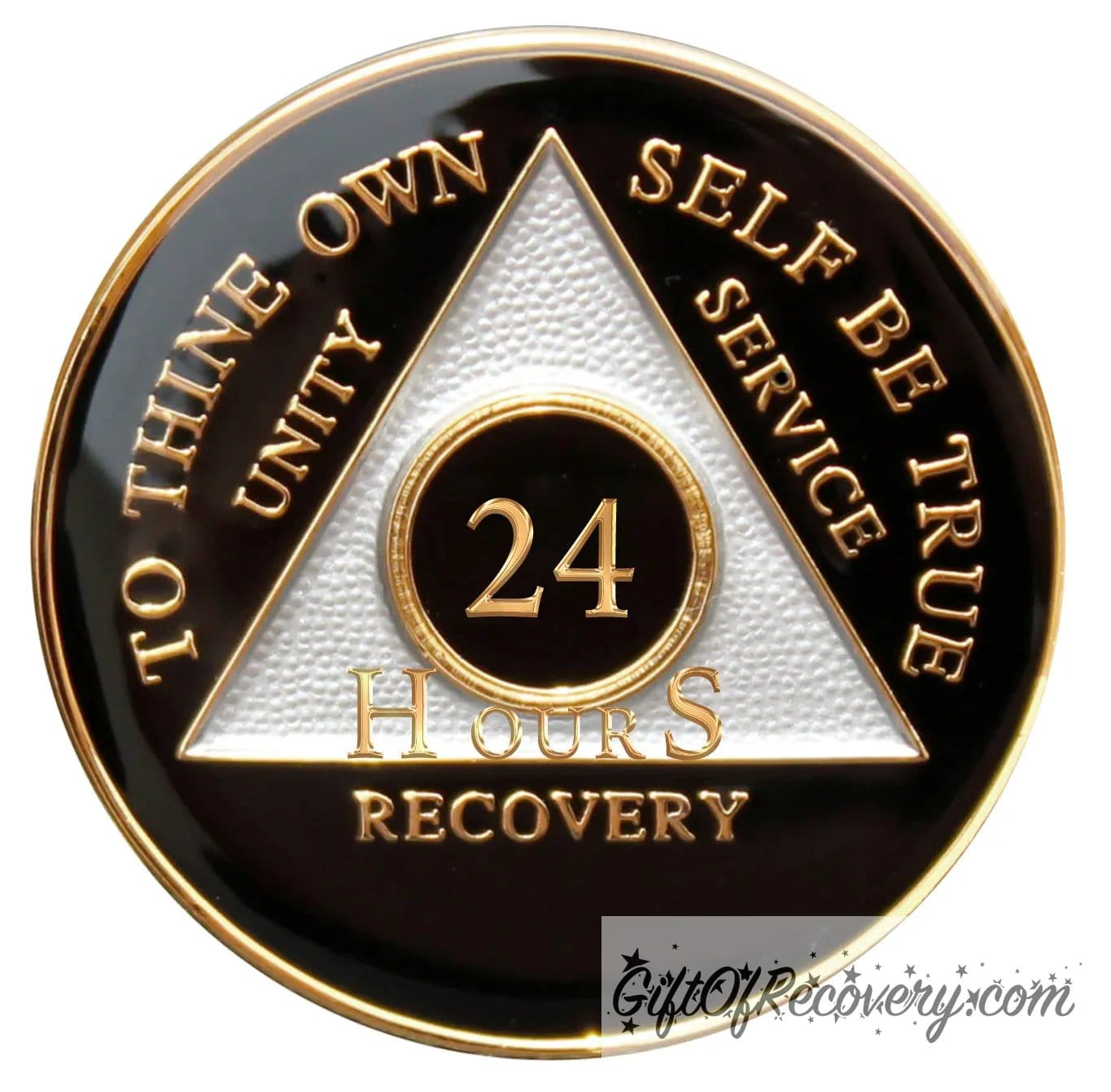 24 hour AA medallion Black Onyx, triangle is pearl white, to thine own self be true, unity, service, recovery, and roman numeral are embossed with 14k gold-plated brass, the recovery medallion is sealed with resin for a glossy finish that will last and is scratch free.