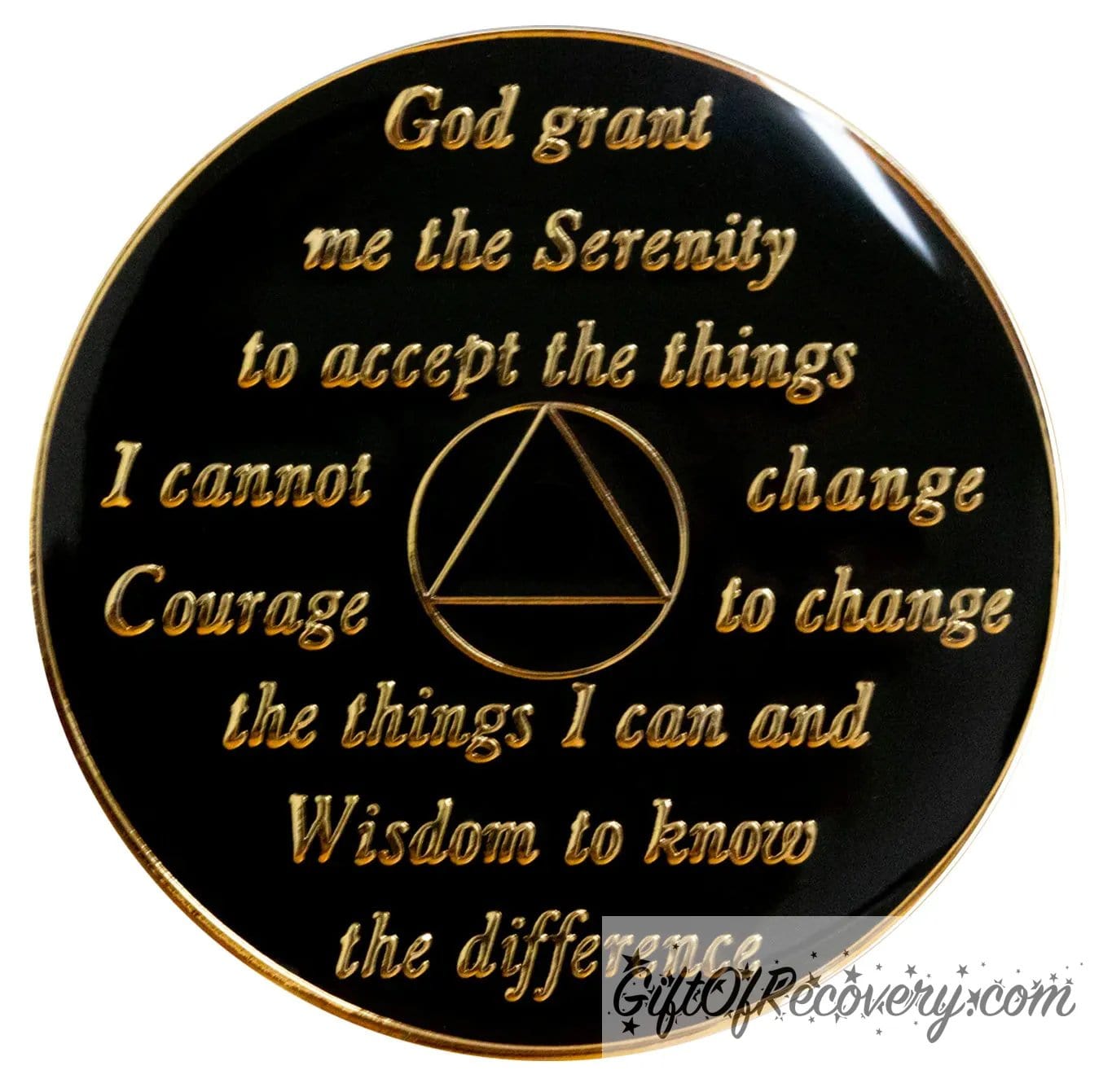 Back of black Onyx AA recovery medallion is black with the circle and triangle black and has the serenity prayer, outer rim, and the circle triangle in the center 14k gold-plated brass, the recovery medallion is sealed with resin for a shiny finish.