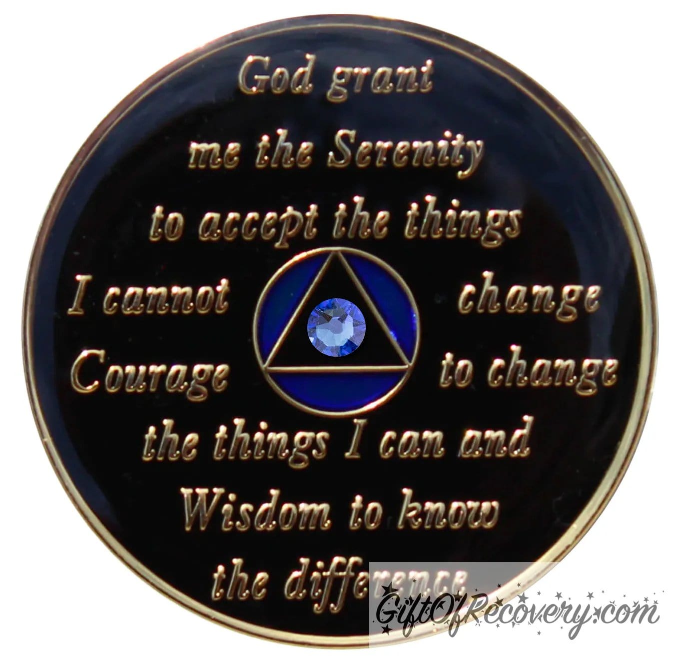 Back of Big Book blue bloom CZ crystalized AA recovery medallion is black onyx and has the serenity prayer, outer rim, and the circle triangle in the center 14k gold-plated brass, the circle is blue and triangle is black with one single blue CZ genuine crystal in the center of the triangle, the recovery medallion is sealed with resin for a shiny finish.