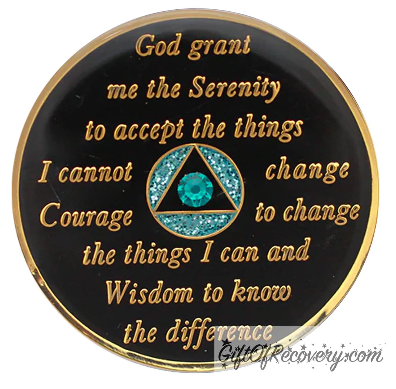 Back of Aquamarine glitter bloom crystalized AA recovery medallion is black onyx and has the serenity prayer, outer rim, and the circle triangle in the center 14k gold-plated brass, the circle is glitter aqua and triangle is black with one single blue zircon CZ genuine crystal in the center of the triangle, the recovery medallion is sealed with resin for a shiny finish.