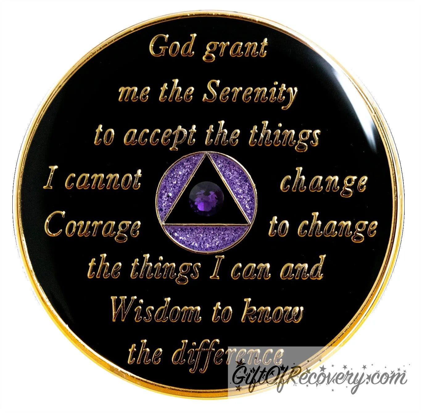 Back of purple glitter Amethyst bloom crystalized AA recovery medallion is black onyx and has the serenity prayer, outer rim, and the circle triangle in the center 14k gold-plated brass, the circle is glitter purple and triangle is black with one single purple CZ genuine crystal in the center of the triangle, the recovery medallion is sealed with resin for a shiny finish.