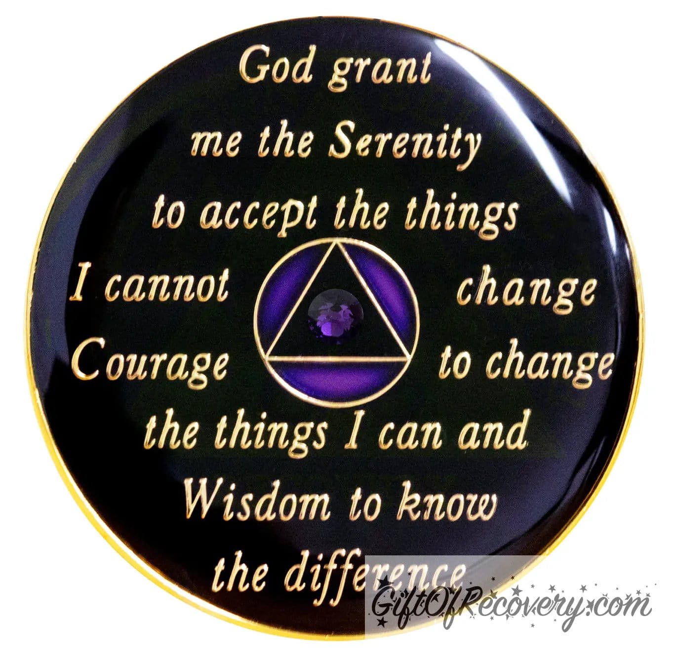 Back of Purple bloom crystalized AA recovery medallion is black onyx and has the serenity prayer, outer rim, and the circle triangle in the center 14k gold-plated brass, the circle is amethyst purple and triangle is black with one single purple amethyst CZ genuine crystal in the center of the triangle, the recovery medallion is sealed with resin for a shiny finish.