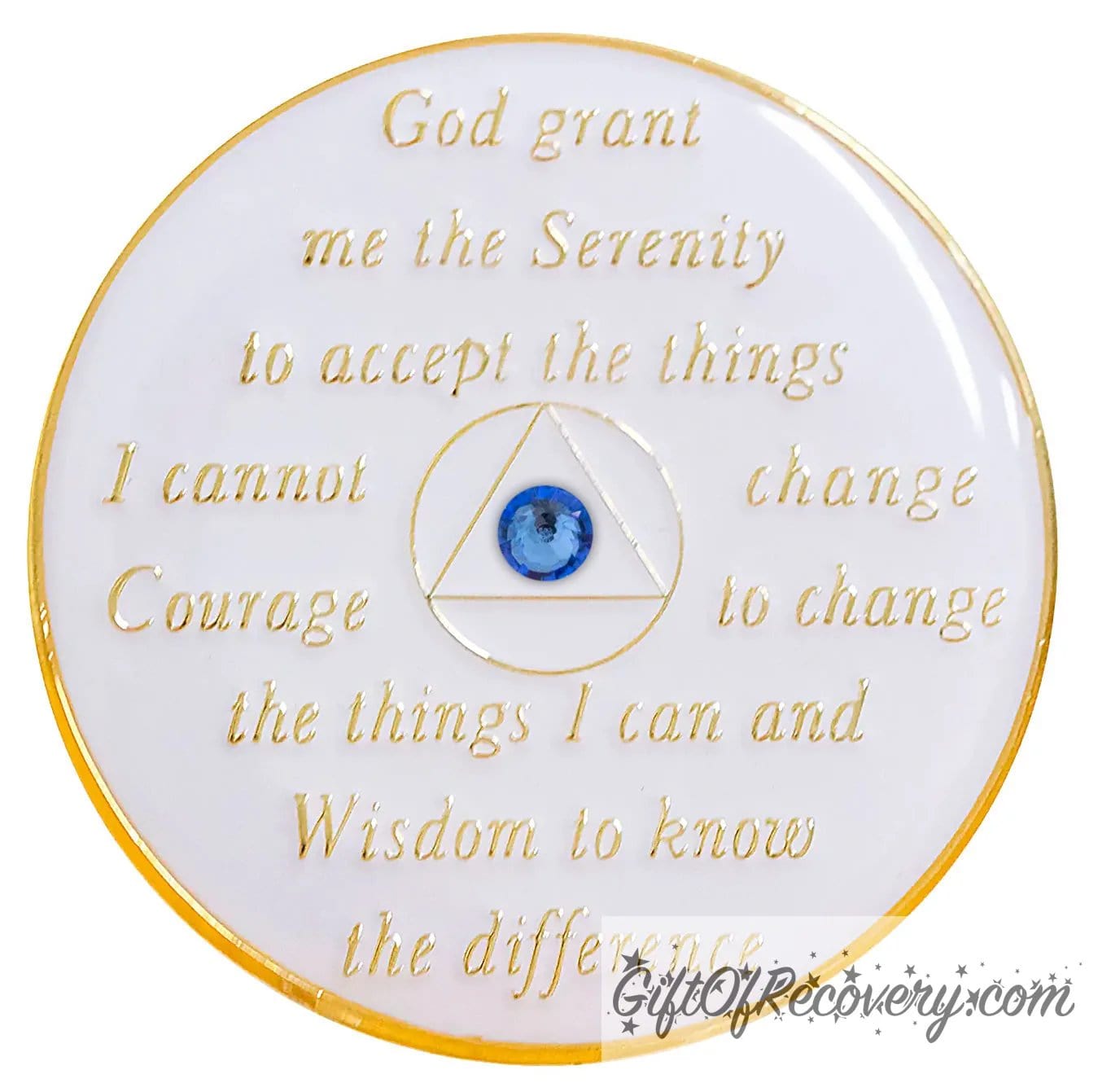 Back of Pearl white blue transformation AA medallion, with the serenity prayer, circle triangle in 14k gold plated brass, with a single blue genuine crystal in the center of the triangle. 