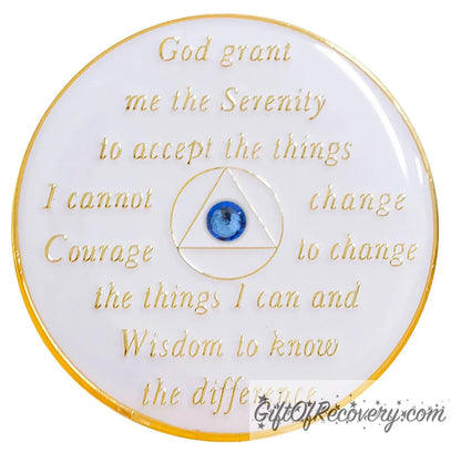 Back of Pearl white blue transformation AA medallion, with the serenity prayer, circle triangle in 14k gold plated brass, with a single blue genuine crystal in the center of the triangle. 